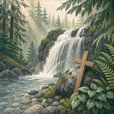 Evergreen Waterfall with Quiet Wooden Cross