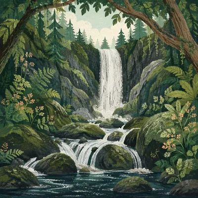 Secluded Waterfall in Evergreen Forest