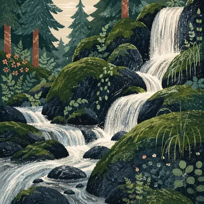 Evergreen Forest Waterfall with Emerald Moss