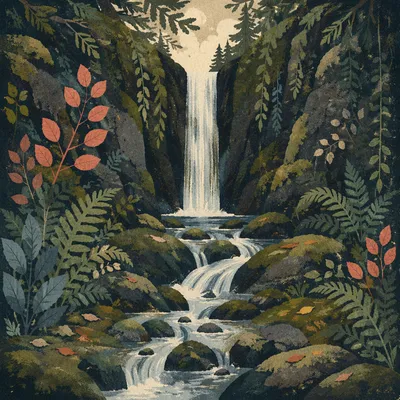Secluded Evergreen Forest Waterfall Gorge