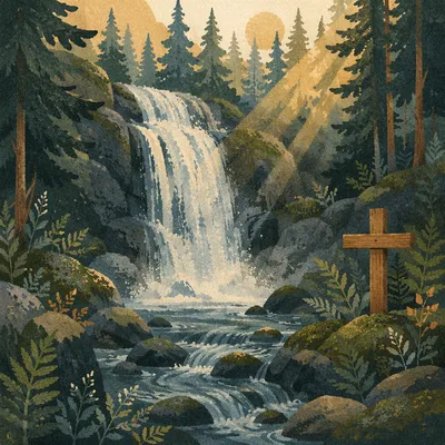 Peaceful Evergreen Waterfall With Wooden Cross