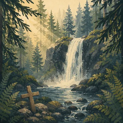 Hidden Forest Waterfall With Wooden Cross