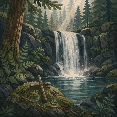 Evergreen Waterfall with Quiet Wooden Cross