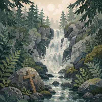 Hidden Evergreen Waterfall With Wooden Cross