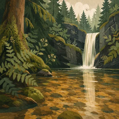 Peaceful Evergreen Forest Waterfall Ravine
