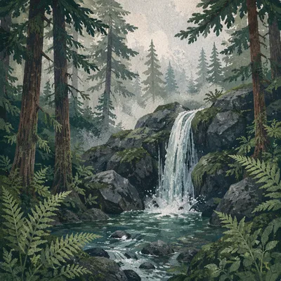 Misty Evergreen Forest Waterfall with Ferns