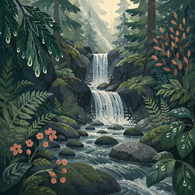 Serene Waterfall in Lush Evergreen Forest