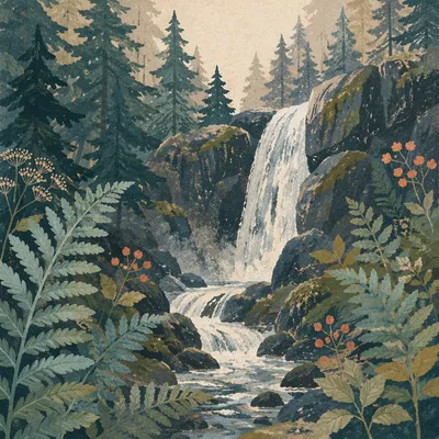 Misty Waterfall in Evergreen Forest