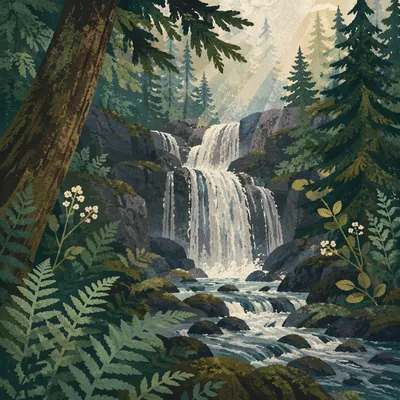 Peaceful Waterfall in Evergreen Forest