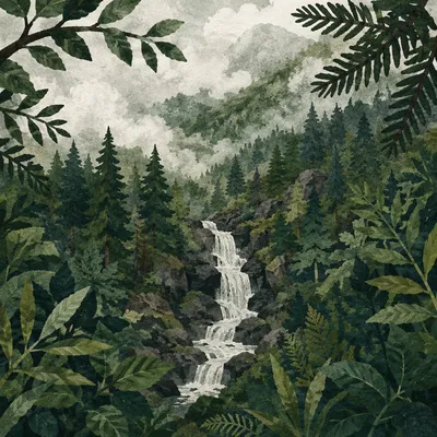 Misty Waterfall in Evergreen Forest