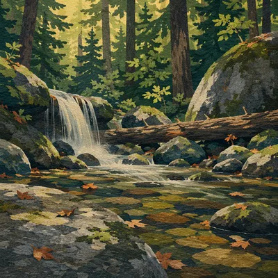 Peaceful Waterfall in Evergreen Forest