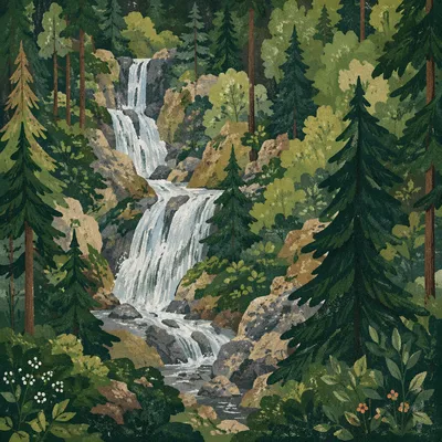 Secluded Waterfall in Evergreen Forest