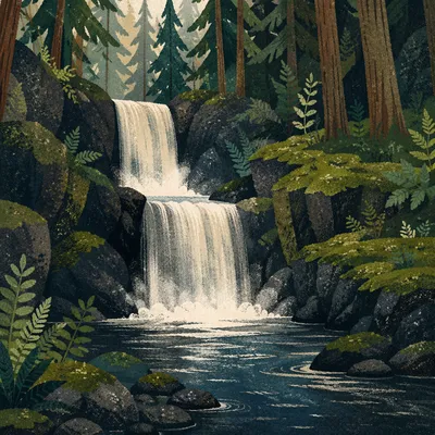 Evergreen Forest Waterfall with Mossy Rocks