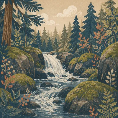 Evergreen Forest Waterfall with Mossy Rocks