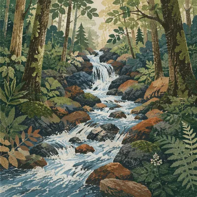 Peaceful Waterfall in Evergreen Forest