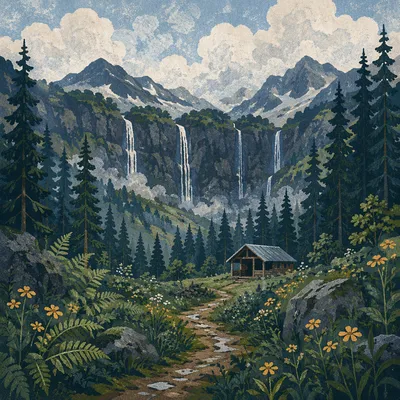 Evergreen Forest Waterfall Valley Retreat