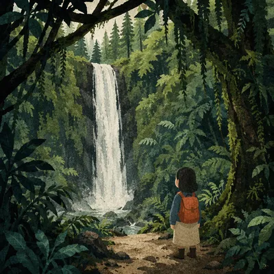 Secluded Waterfall in Evergreen Forest
