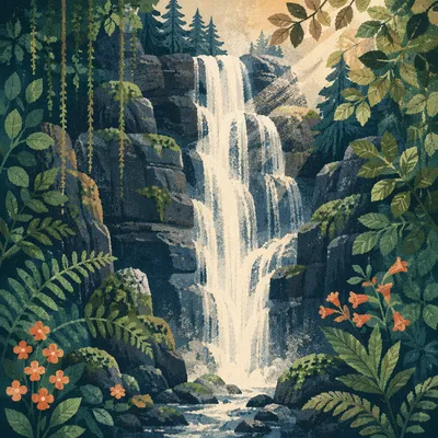 Evergreen Forest Waterfall in Folk Art