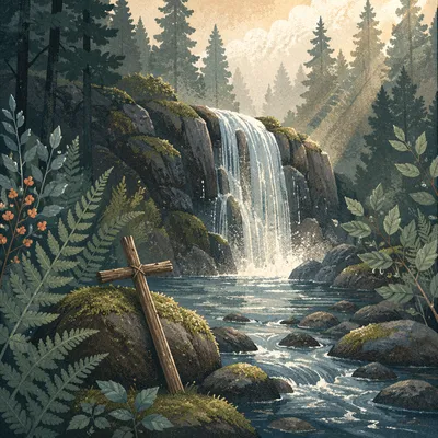 Evergreen Waterfall with Quiet Wooden Cross