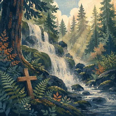 Evergreen Waterfall with Humble Wooden Cross
