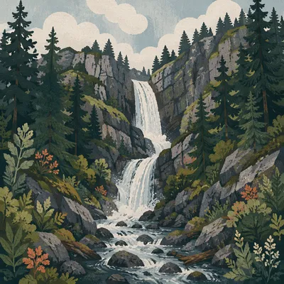 Secluded Evergreen Waterfall in Mountain Ravine