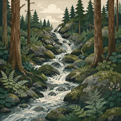 Evergreen Forest Waterfall with Mossy Stones
