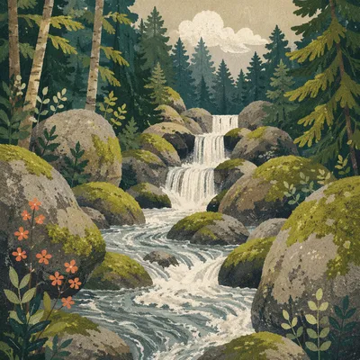 Evergreen Forest Waterfall Over Mossy Boulders