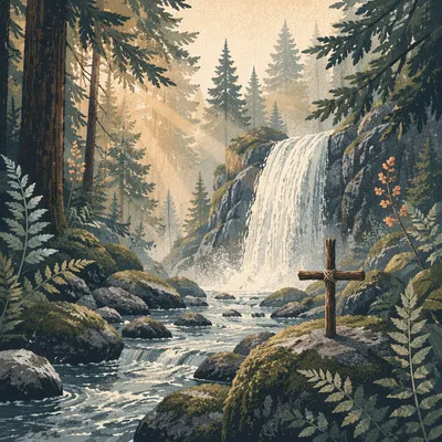 Evergreen Waterfall with Wooden Cross
