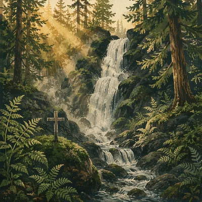 Evergreen Forest Waterfall With Wooden Cross
