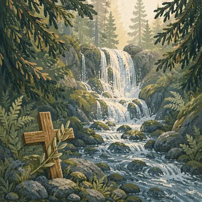 Evergreen Forest Waterfall With Wooden Cross