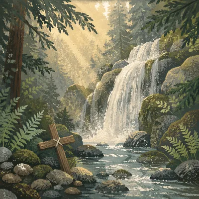 Hidden Evergreen Waterfall with Wooden Cross