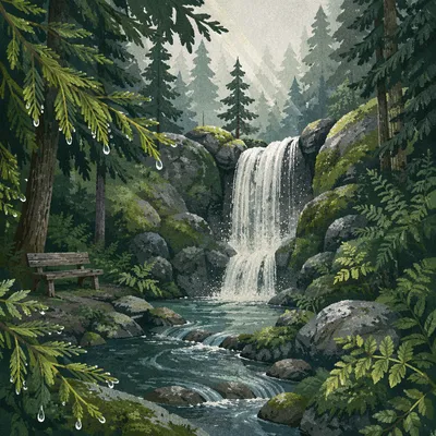 Evergreen Forest Waterfall in Morning Mist