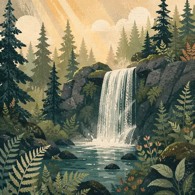 Evergreen Forest Waterfall in Morning Mist