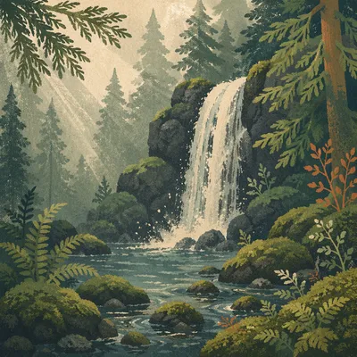 Evergreen Forest Waterfall in Morning Mist