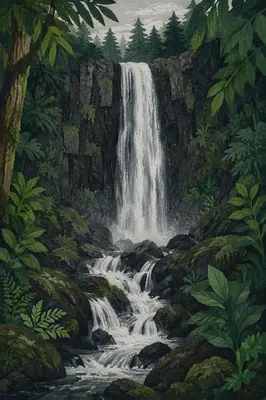 Evergreen Rainforest Waterfall in Misty Basalt Gorge