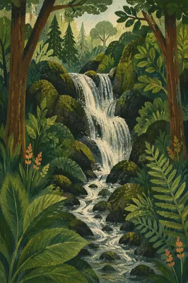 Hidden Waterfall in Lush Evergreen Forest