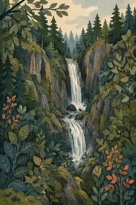 Secluded Waterfall in Evergreen Forest Gorge