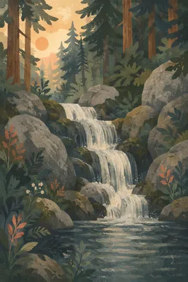 Serene Evergreen Waterfall in Lush Forest