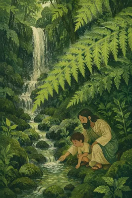 Misty Evergreen Waterfall Behind Fern Fronds