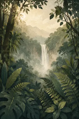 Misty Evergreen Forest Waterfall Sanctuary