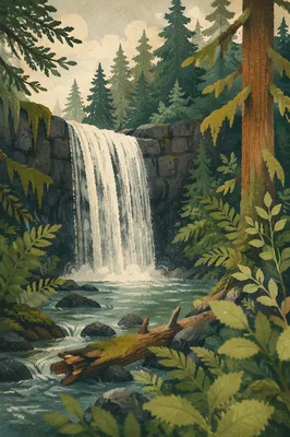 Evergreen Forest Waterfall of Peaceful Renewal