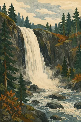 Evergreen Forest Waterfall in Morning Mist