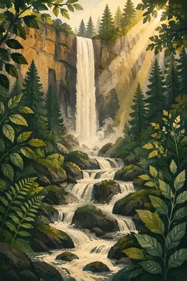 Evergreen Forest Waterfall in Morning Light