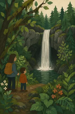 Evergreen Forest Waterfall with Mossy Path