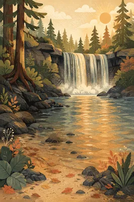 Evergreen Forest Waterfall in Golden Light