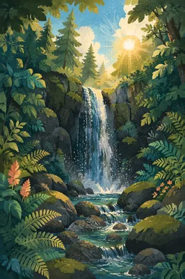 Secluded Evergreen Waterfall with Sunlit Forest Canopy