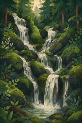 Mossy Evergreen Forest Waterfall Retreat