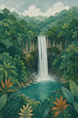 Evergreen Rainforest Waterfall Over Turquoise Pool