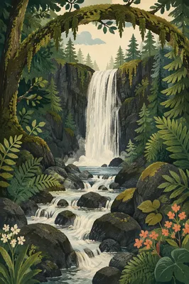 Secluded Waterfall in Evergreen Forest
