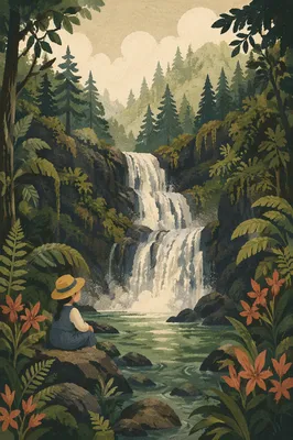Evergreen Forest Waterfall with Misty Morning Light